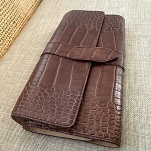 Smythson Croc Embossed leather mahogany brown jewelry roll travel clutch